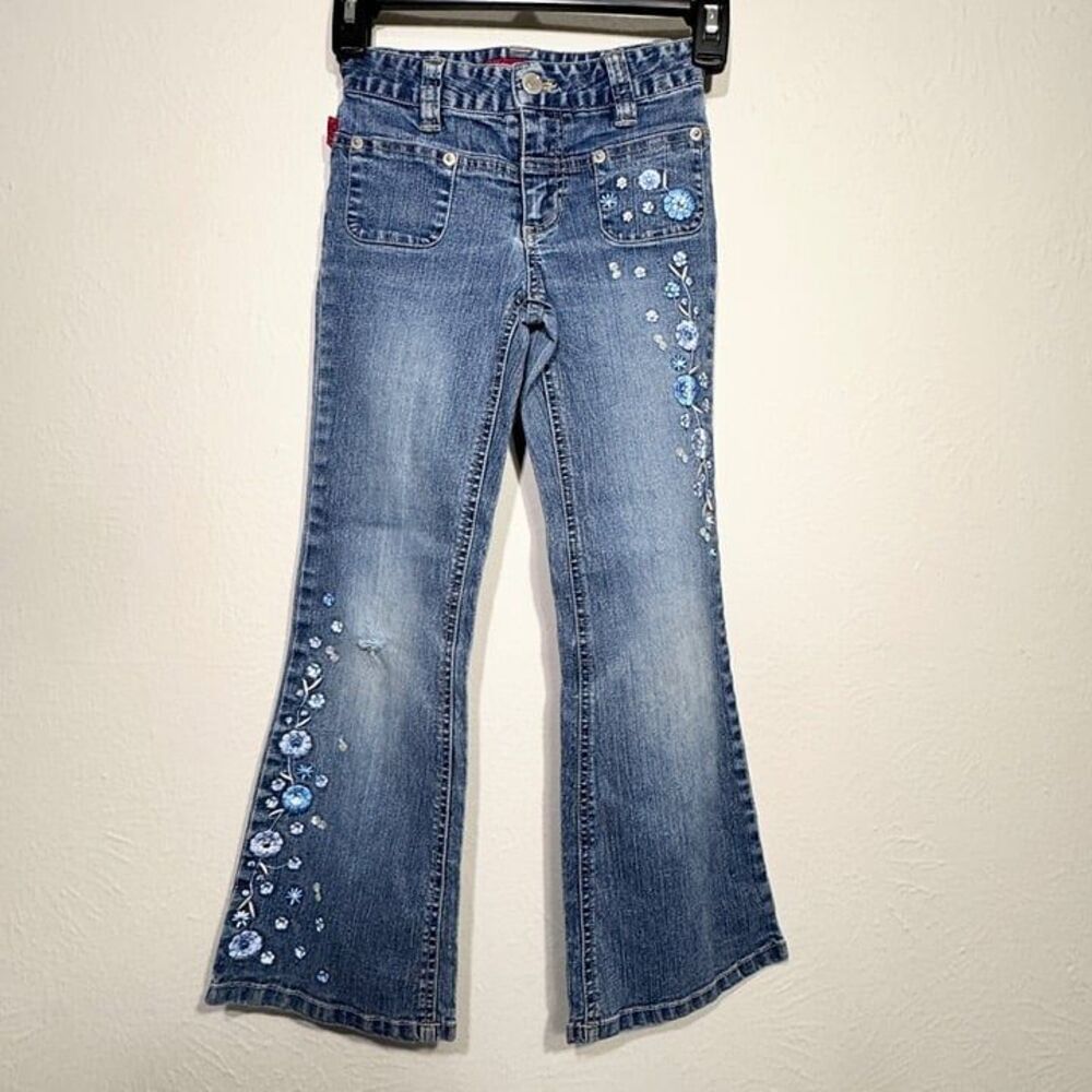 Vintage Y2K Bongo Let Me B Jeans Girls Size 7 Slim Floral Embroidered Flare